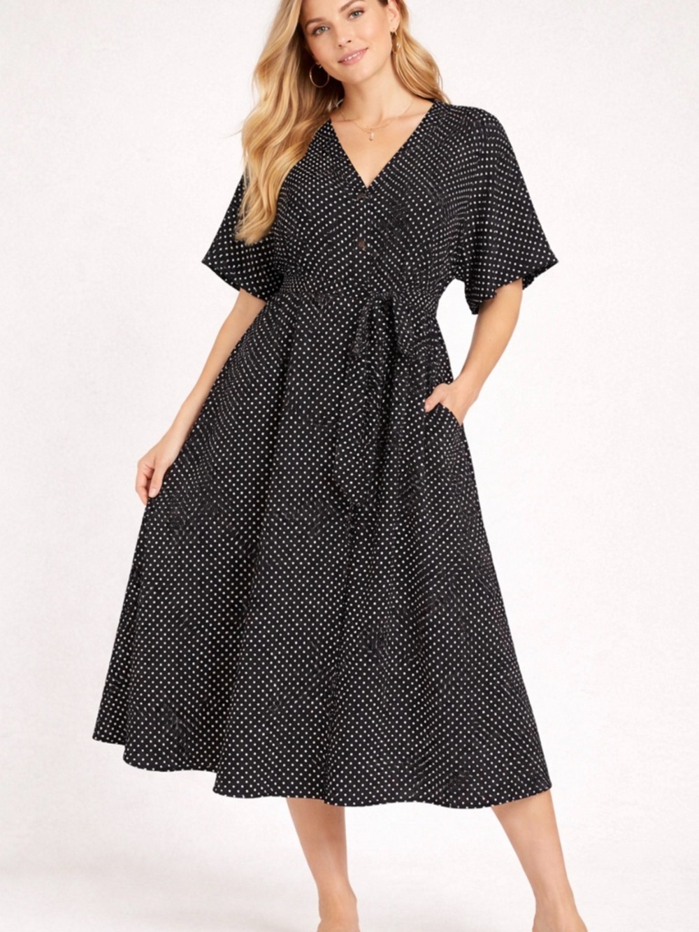 Bloomchic Black White Polka Dot Midi Dress Tie Waist Button Front Size 30